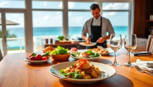 Private chef Sint Maarten plating an exquisite dish in a luxurious villa with elegant dining setup.