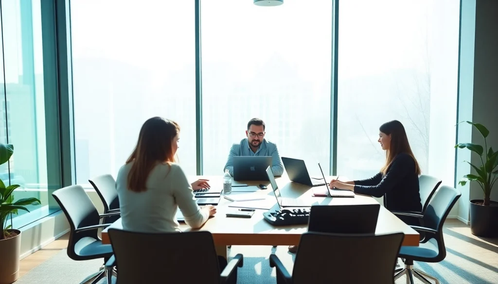 Team strategizing digital marketing solutions for https://whatalker.com in a modern office setting.