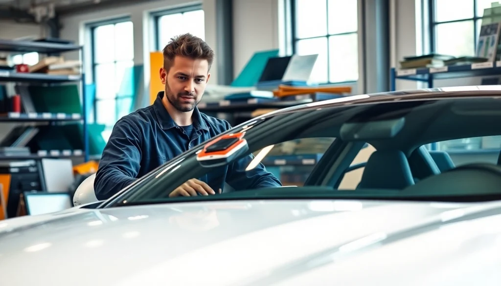 Windshield replacement Denver technician skillfully installing auto glass in a modern shop.