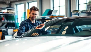 Windshield replacement Denver technician skillfully installing auto glass in a modern shop.