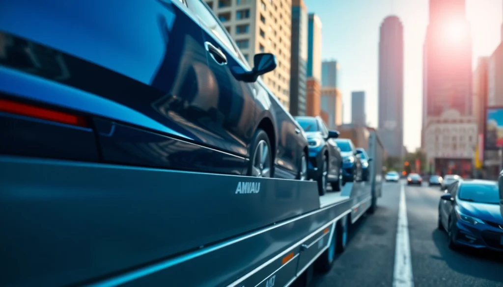 Showcasing luxury auto carriers at https://luxuryautocarriers.com with sleek design and vibrant city backdrop.
