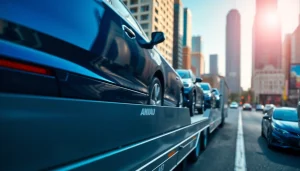 Showcasing luxury auto carriers at https://luxuryautocarriers.com with sleek design and vibrant city backdrop.