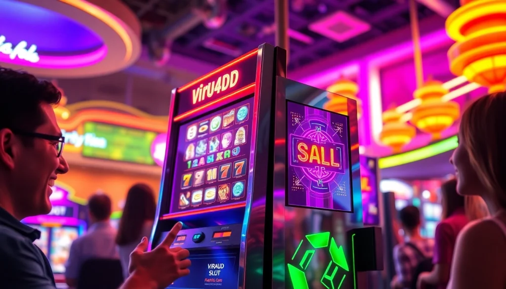 Memainkan virus4d slot dengan mesin slot bercahaya dan suasana kasino yang meriah.