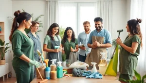 Highlighting Eco Clean Ellie's services with a professional cleaning team in a bright living room.