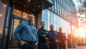Security Guards standing confidently at an office entrance, symbolizing safety and professionalism.