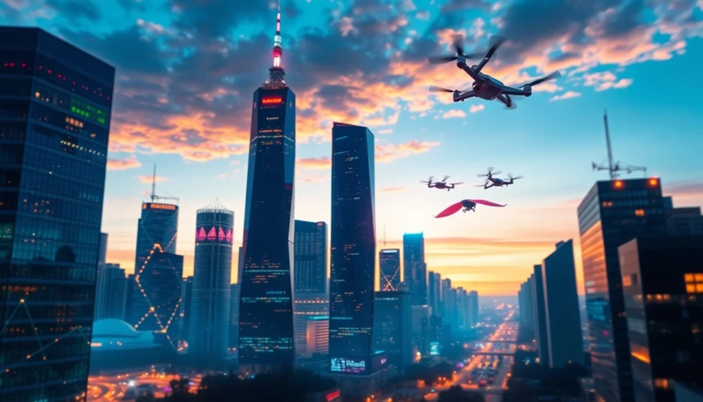 Technology skyscrapers illuminating the skyline at twilight, showcasing innovation and progress.