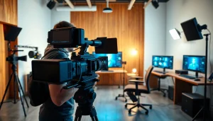 Capturing video production with a professional videographer in a bright studio.