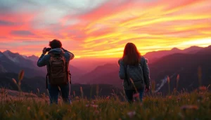 Traveling friends enjoy a sunset at a mountain landscape, showcasing https://travelvixta.com
