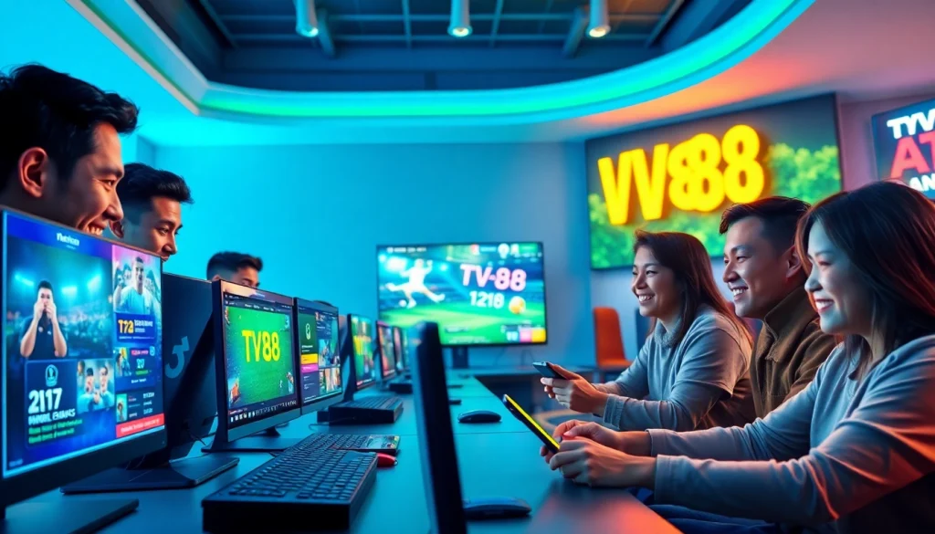 TV88 players enjoying a diverse range of online games with modern interfaces and a vibrant atmosphere.