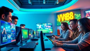 TV88 players enjoying a diverse range of online games with modern interfaces and a vibrant atmosphere.