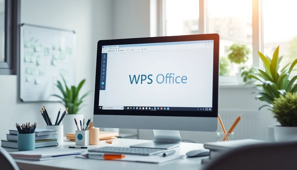 Download WPS office下载 in a bright professional workspace setting with technology and greenery.