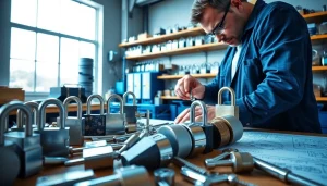 Locksmith demonstrating skills and craftsmanship with https://www.dakenlocks.com high-security locks in a workshop.
