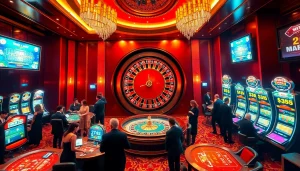 MM88 casino scene with roulette wheel, players, and vibrant slot machines for an engaging gambling experience.