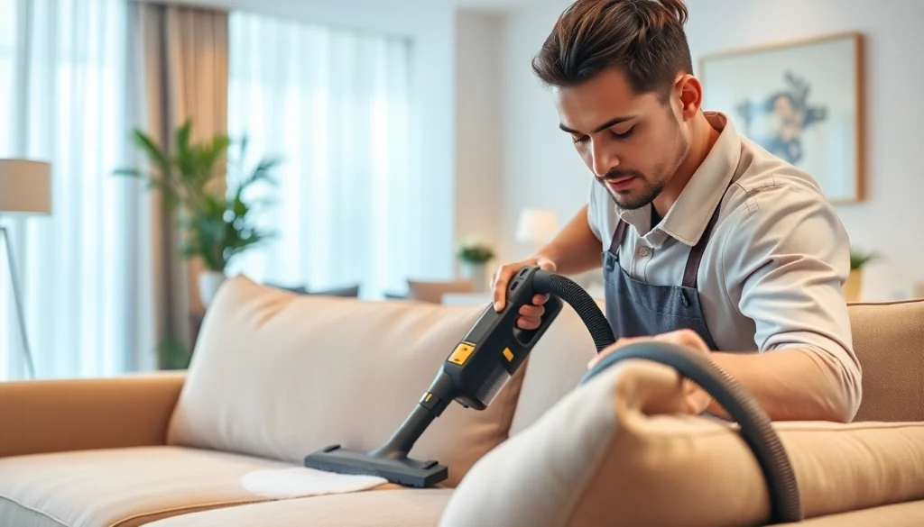 Experience professional sofa cleaning Dubai in a modern setting, showcasing expert cleaners at work.
