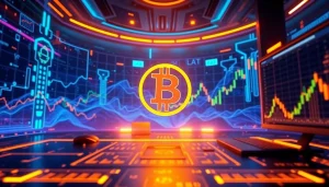 Interfejs handlowy kryptowalut Bitcoin z wizualizacjami blockchain i bezpiecznymi komponentami cyfrowego portfela w zaawansowanym, technologicznym otoczeniu.