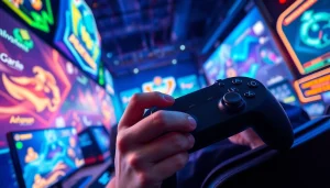 Main player focused on mawar500 game, surrounded by vibrant gaming graphics and bright lights.