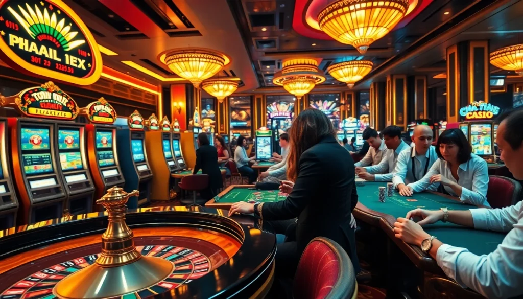 Exciting gaming atmosphere at Top 10 Nhà Cái Uy Tín luxury casino with slot machines and roulette.