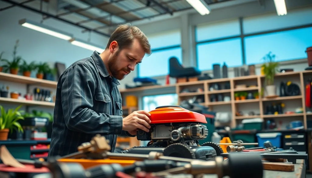 Technician performing small engine repair on a lawn mower in a bright workshop.