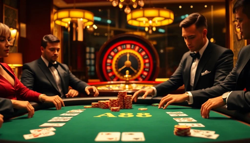 Exciting casino scene with AF88-themed blackjack table and elegant players immersed in high-stakes gambling.