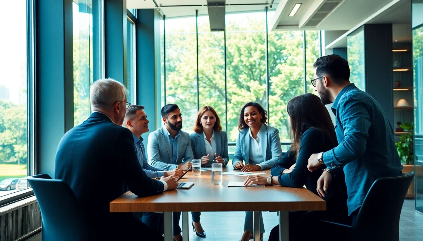 Engaging diverse team members in a business meeting within a modern office environment.