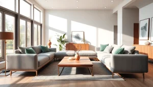 Διακόσμηση με μοντερνα επιπλα σαλονιού σε φωτεινό χώρο, αναδεικνύοντας στυλ και κομψότητα.
