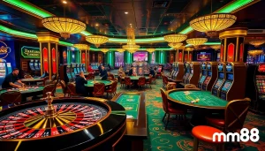 Engaging scene with players at mm88 casino, showcasing roulette and slot machines in a luxurious setting.