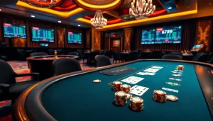 Exciting casino scene featuring Nhà cái 6789 poker table with vibrant chips and cards.