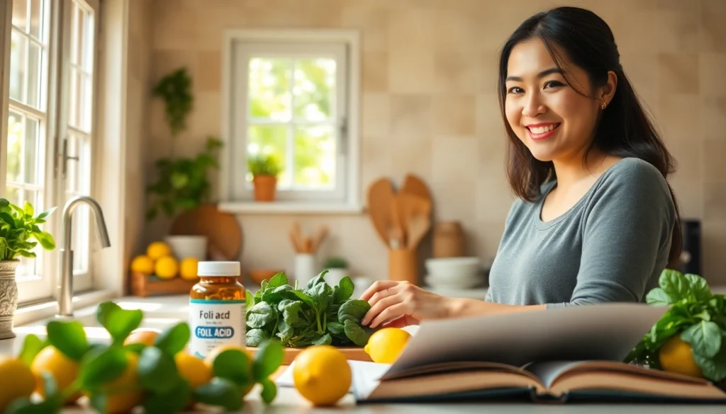 明るいキッチンで妊娠と健康のための葉酸サプリを使った健康的な料理。