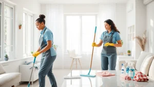 Cleaning service professionals diligently cleaning a bright, modern home for a spotless outcome.