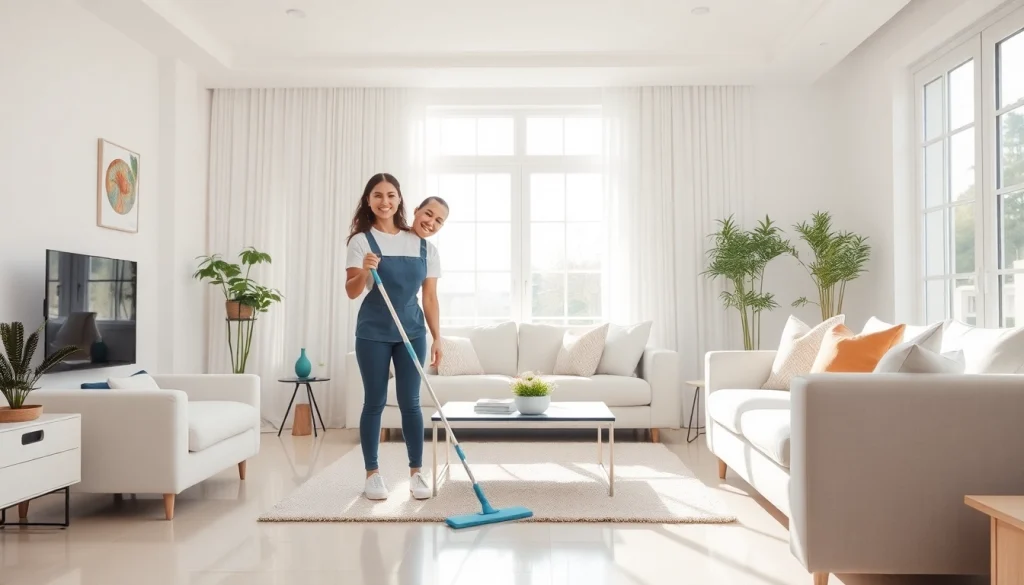 Clean living space showcasing a professional Cleaning service in action with friendly cleaners.