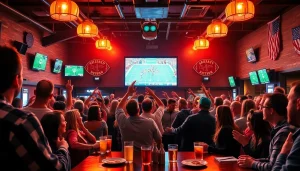 Oklahoma sports betting scene showing enthusiastic fans in a lively sports bar.