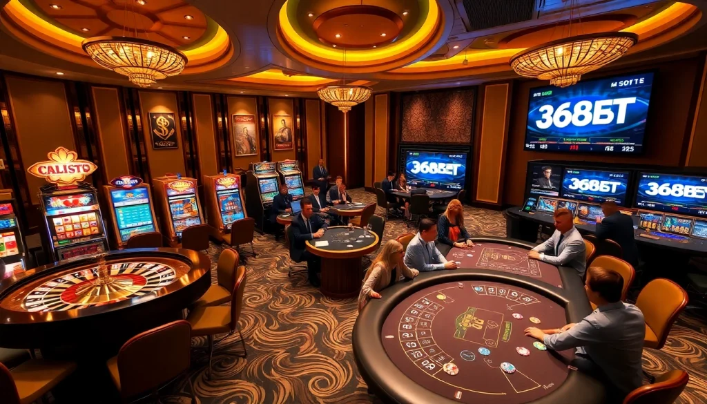 Experience thrilling games at 368BET with vibrant slot machines and elegant casino tables.