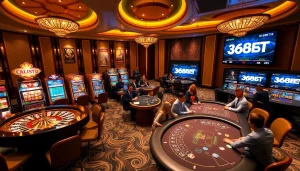 Experience thrilling games at 368BET with vibrant slot machines and elegant casino tables.