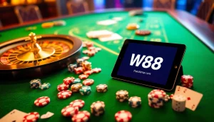 Trải nghiệm cá cược trực tuyến đầy kịch tính với liên kết W88 được hiển thị trên một chiếc máy tính bảng casino sang trọng.