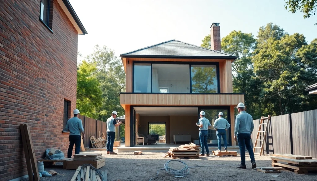 House extension construction featuring builders at work on a modern two-storey extension in Melbourne.