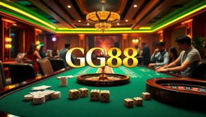 Experience the thrill of gambling at GG88 with an elegant casino scene featuring high-stakes poker tables and excitement.