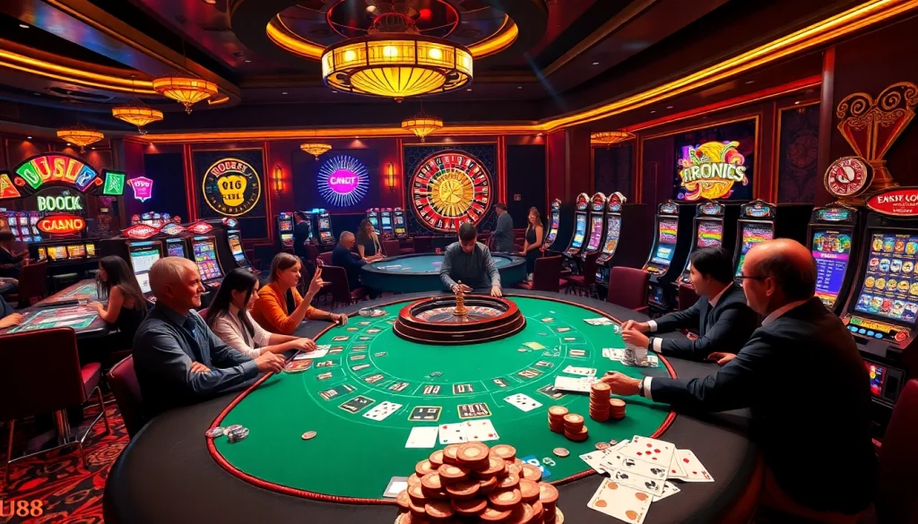 Experience thrilling gameplay with UU88 at a luxury casino with poker tables and roulette.