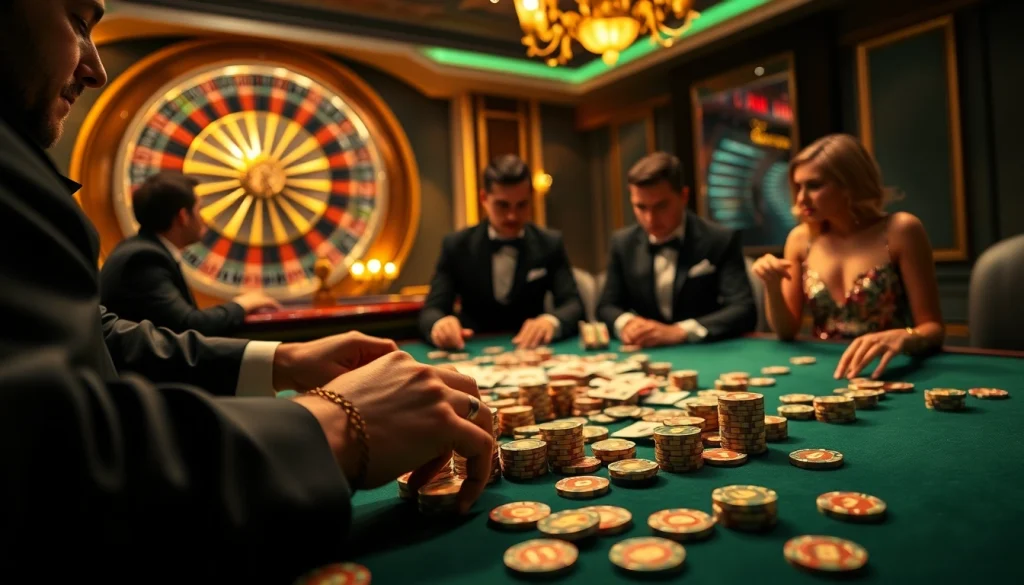 Engage in high-stakes poker at m88zo.com with elegant players, vibrant chips, and a roulette backdrop.