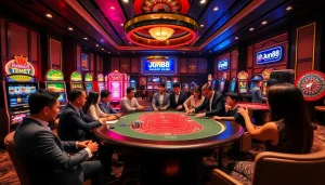 Jun88 players engaging at a baccarat table in a vibrant casino setting.