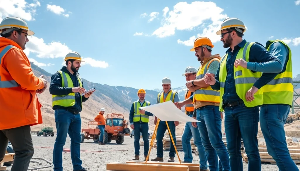 Construction association Colorado workers collaborating on-site with vibrant safety gear and tools.