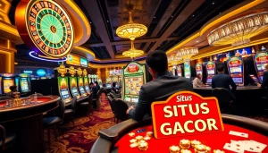 Player celebrating a win on Situs Slot Gacor with vibrant slot machines and poker chips.