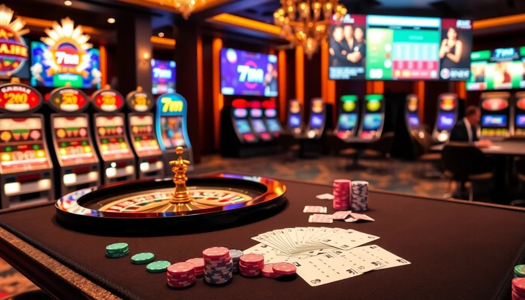 Experience the thrill of casinos with 7m poker chips and roulette in a vibrant scene.