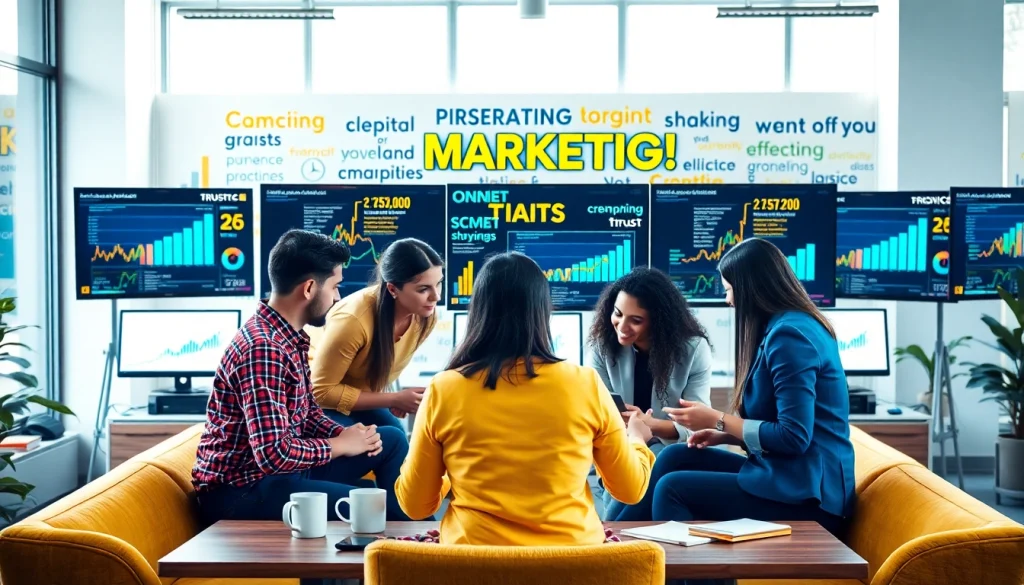 Agency team collaborating in a bright workspace, showcasing teamwork and creativity.