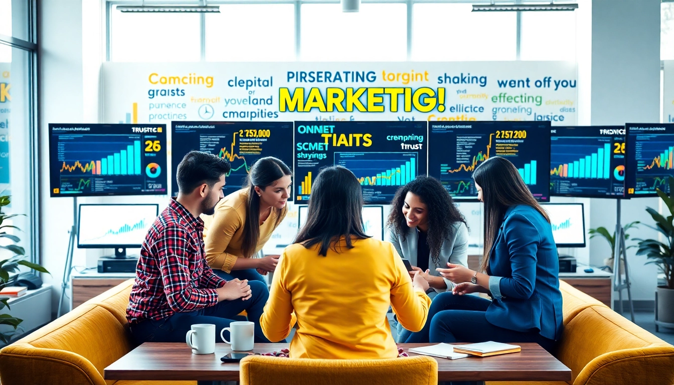 Agency team collaborating in a bright workspace, showcasing teamwork and creativity.