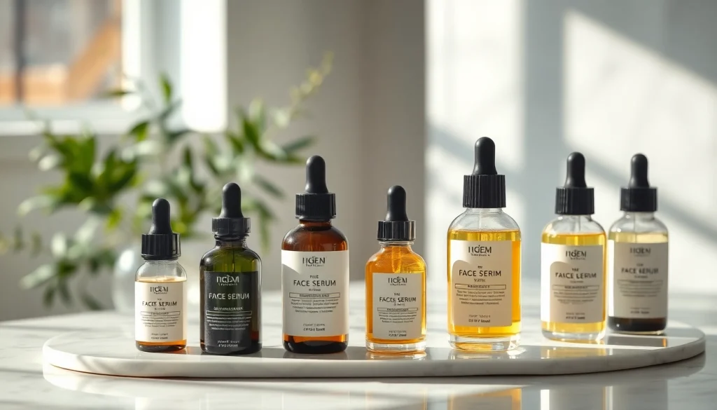 Upptäck det bästa serumet för strålande hud, med en elegant uppställning av hudvårdsprodukter.