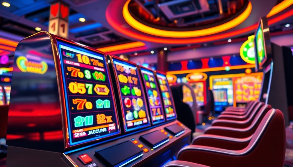 Menangkan slot deposit 1000 dengan slot machine melambai dan efek ceria di latar belakang.