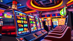 Menangkan slot deposit 1000 dengan slot machine melambai dan efek ceria di latar belakang.