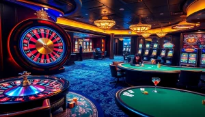 The vibrant casino scene with roulette and poker tables capturing excitement at https://s88.works/ for gamblers.