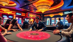 Players engaging at a vibrant casino table with 32WIN branding in the background, showcasing excitement in gambling.
