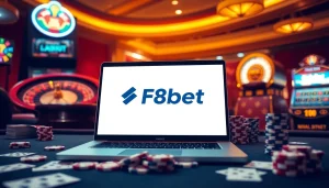 Experience F8bet Đăng nhập as you engage with vibrant casino elements including poker chips and roulette wheels.